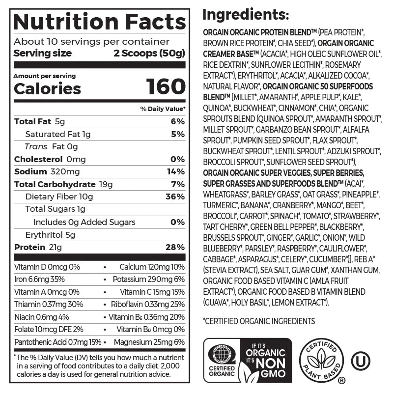 Orgain Organic Protein & Superfoods Plant Based Protein Powder Creamy Chocolate Fudge 510 Grams