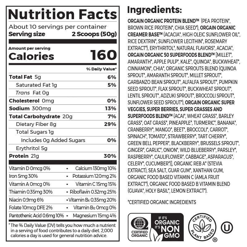 Orgain Organic Protein & Superfoods Plant Based Protein Powder Vanilla Bean 510 Grams