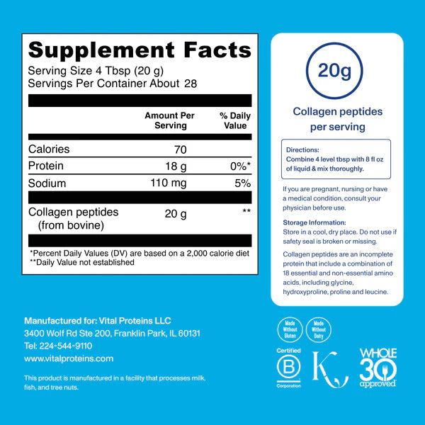 Vital Proteins Bovine Collagen Peptides Unflavoured 567 Grams