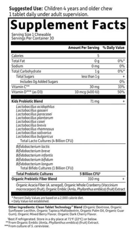 Garden of Life Dr. Formulated Probiotics Organic Kids+ 5 Billion Shelf-Stable Berry Cherry 30 Chewables