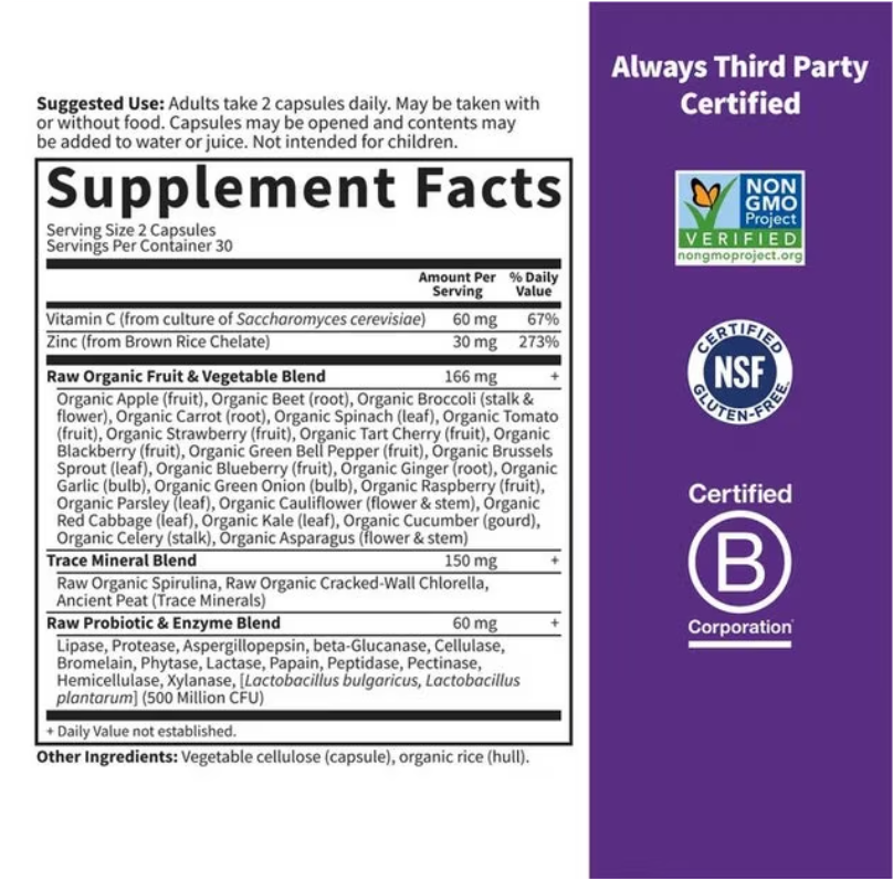 Garden of Life Vitamin Code Raw Zinc 60 Capsules