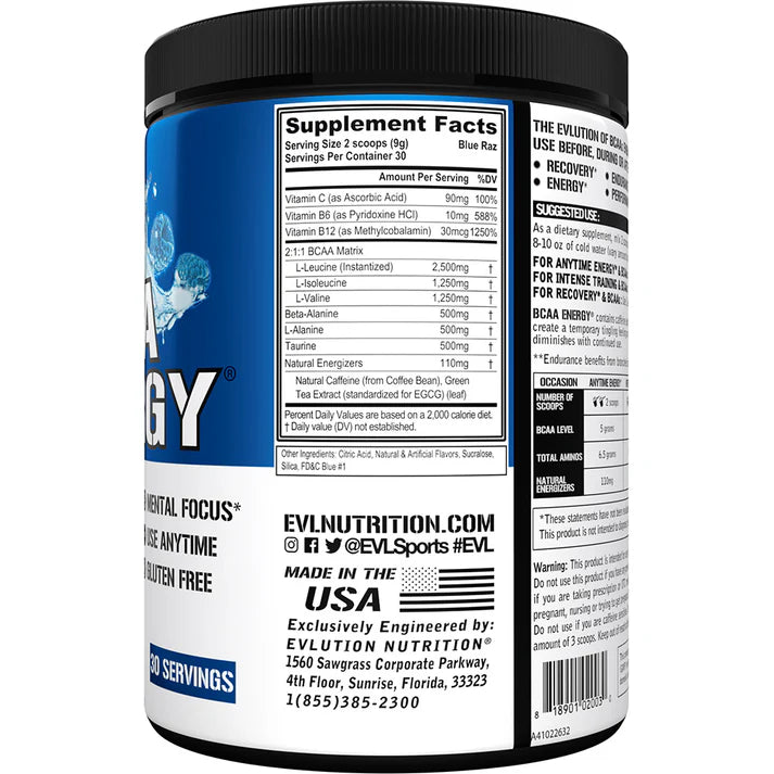 EVLution Nutrition BCAA Energy Blue Raz 30 Servings