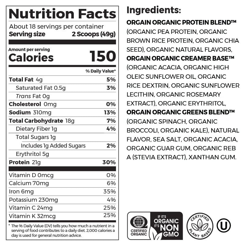Orgain Organic Protein & Greens Plant Based Protein Powder Vanilla Bean 882 Grams