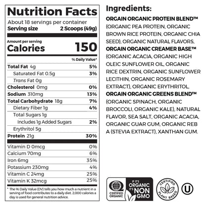Orgain Organic Protein & Greens Plant Based Protein Powder Vanilla Bean 882 Grams