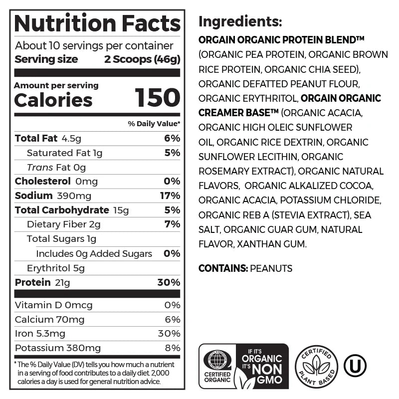 Orgain Organic Plant Based Protein Powder Chocolate Peanut Butter 462 Grams