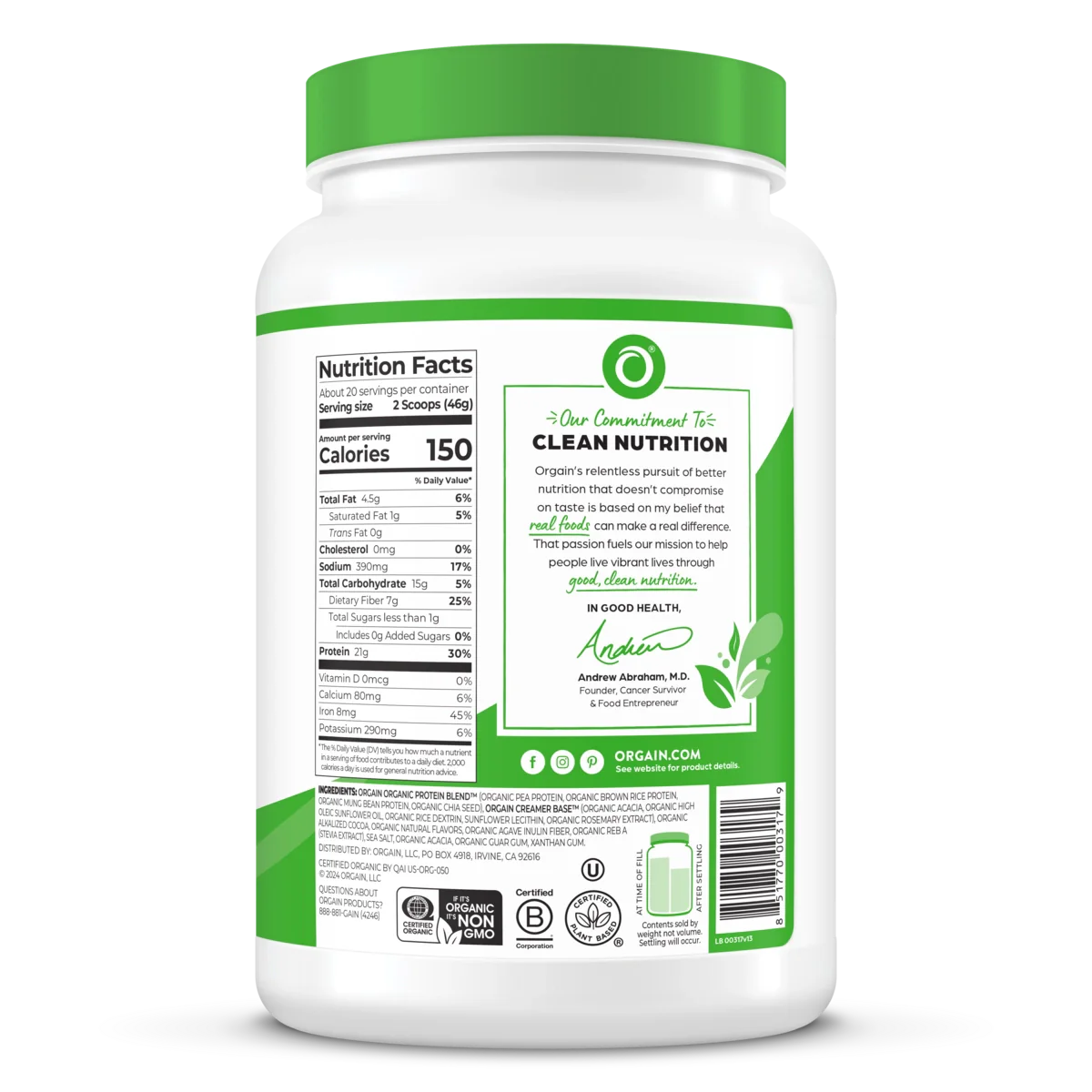 Orgain Organic Plant Based Protein Powder Creamy Chocolate Fudge 462 Grams