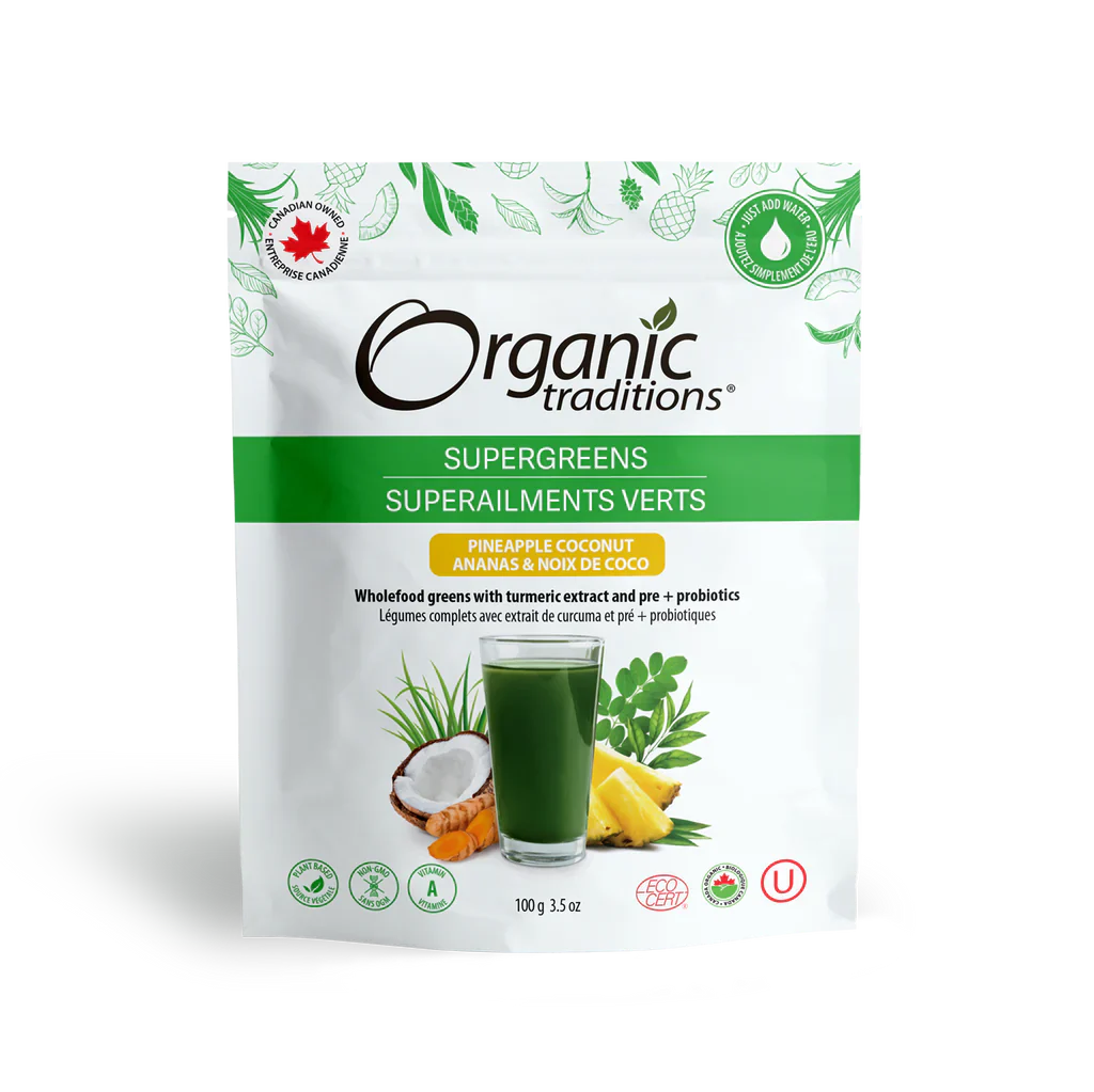 Organic Traditions Supergreens Pineapple Coconut 100 Grams