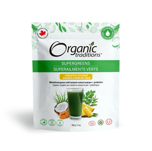 Organic Traditions Supergreens Pineapple Coconut 100 Grams