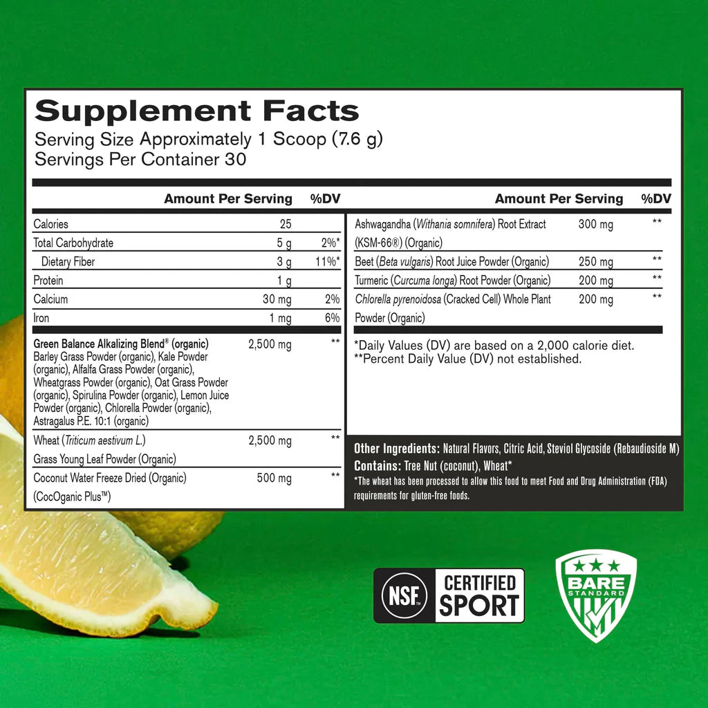 Bare Performance Nutrition Strong Greens/Superfood Greens Powder Lemon 30 Servings