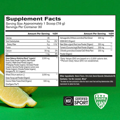 Bare Performance Nutrition Strong Greens/Superfood Greens Powder Lemon 30 Servings