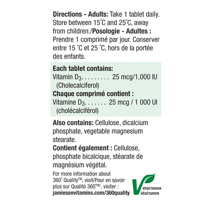 Jamieson Vitamin D3 1000 IU 100 Tablets